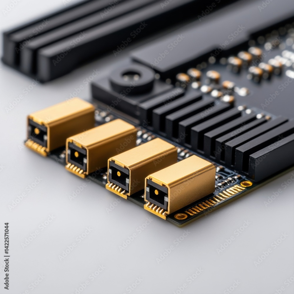 Poster close-up view of electronic circuit board with gold connectors and heat sink for technology and engi