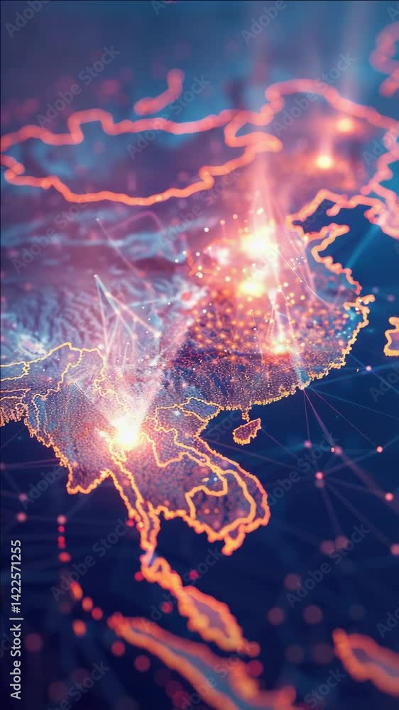 Poster a global digital network map showcasing data transfer across countries.
