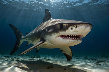 Fototapeta premium Close-up of Great Hammerhead Shark with Distinct Hammer-Shaped Head