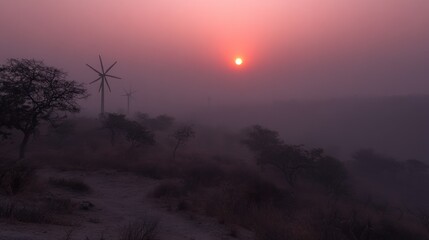 Misty sunrise over a wind farm.