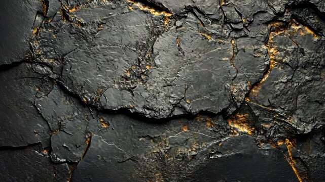 Black stone cracked with golden light, close-up background texture, surface