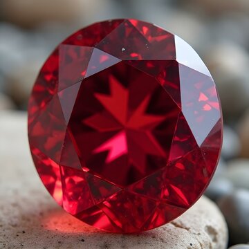 Polished ruby gemstone in sharp focus atop a clean, flat surface

