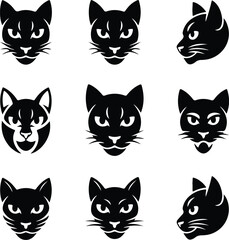 Cat Head Silhouette Set | Pet Animal Face Vector Minimal Cat Face Outline | Cute Kitty Head Clipart