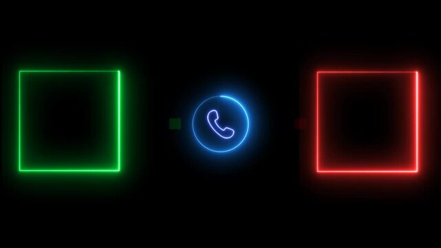Neon call recording visual effect animation on alpha background, green and red glowing squares with phone icon for two-person conversation