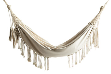 Fringed hammock, cream canvas, macrame tassels, isolated relaxation.