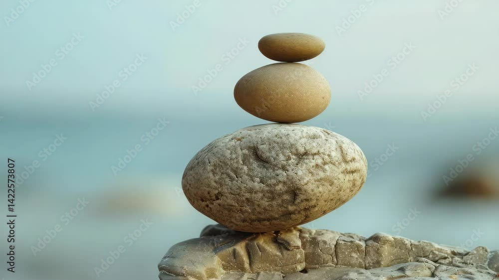 Poster a stack of three rocks on top of each other. the rocks are brown and appear to be smooth. the scene 