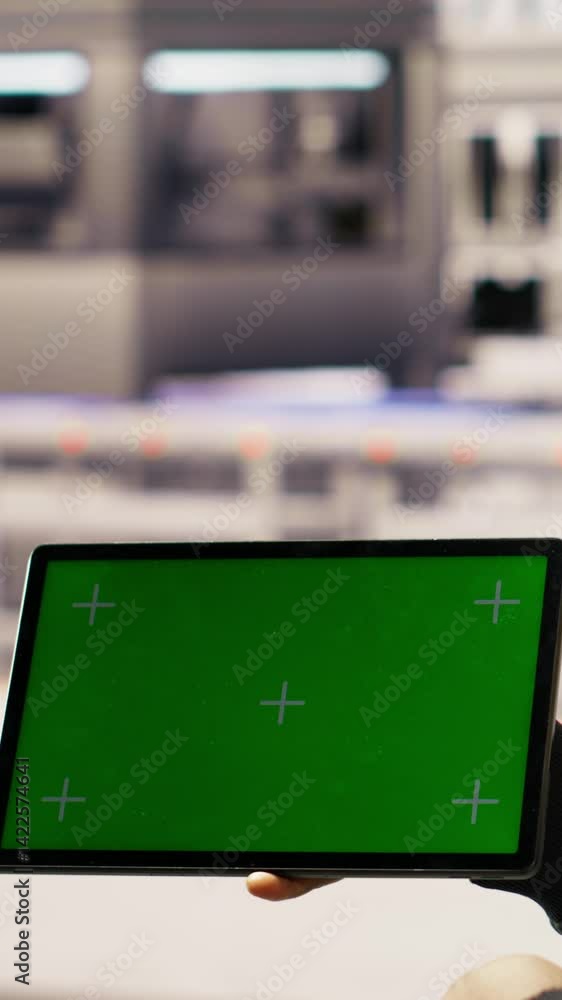 Aufkleber vertical video industrial plant technician uses isolated screen tablet to implement green energy sol