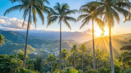 Obraz premium Majestic palm trees frame a breathtaking sunset over verdant valleys.