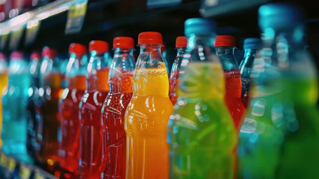 Assortment of colorful soda bottles lined up on store shelves, offering variety to thirsty shoppers.