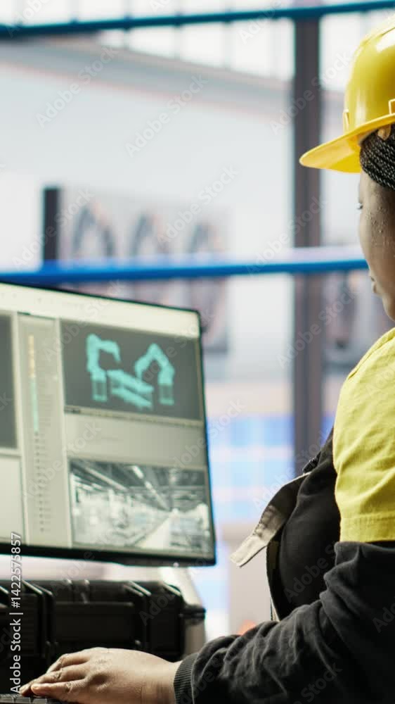 Aufkleber vertical video smart solar panels factory worker typing on pc keyboard, testing automated systems, d