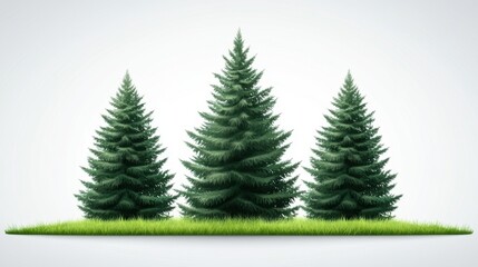 Obraz premium Three Lush Evergreen Trees on a Simple Green Grass Background for Nature and Outdoor Themes