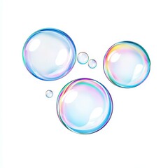 Colorful soap bubbles floating delicately, reflecting light and creating a whimsical atmosphere on a pure white backdrop.