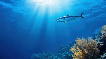 Obraz premium Underwater Scene with Tuna Fish Swimming in the Coral Reef Beneath Sunlight in a Clear Blue Ocean