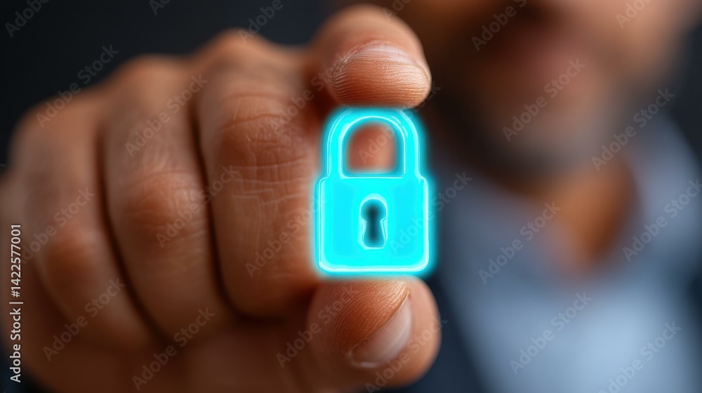 Poster a businessman secures his network using a digital padlock for identity verification and data privacy