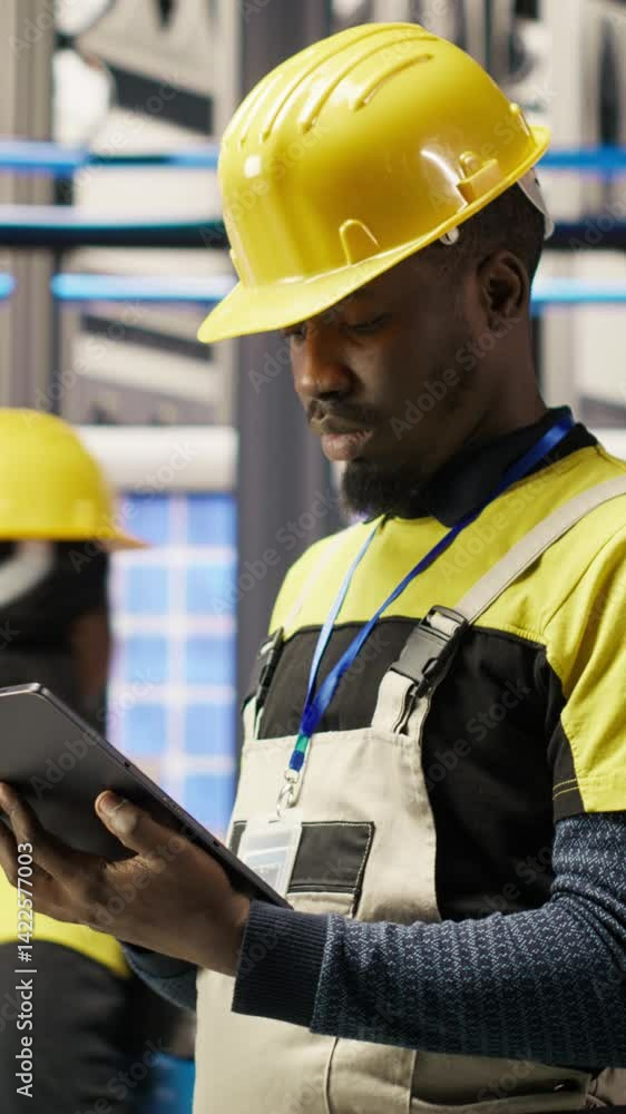 Aufkleber vertical video smart factory repairman using tablet to analyze iot sensors data before upgrading ass