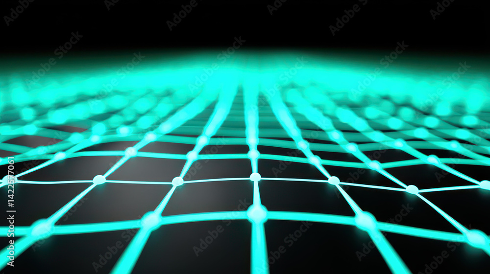Poster a sleek dark gray background features a vibrant turquoise grid, symbolizing the flow of digital data
