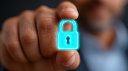 A businessman secures his network using a digital padlock for identity verification and data privacy measures.