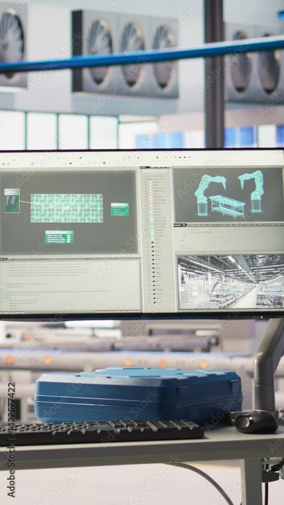 Poster vertical video monitor in industry 4.0 smart industrial plant equipped with advanced sensors used to