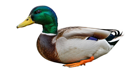 A mallard duck with green head and yellow beak resting on a black background in a close up shot