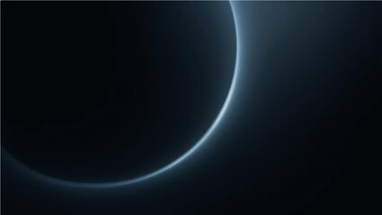 Create a vector illustration showing a large, dark sphere positioned predominantly on the left and bottom of the frame against a solid black background. A thin, bright, bluish-white crescent of light 