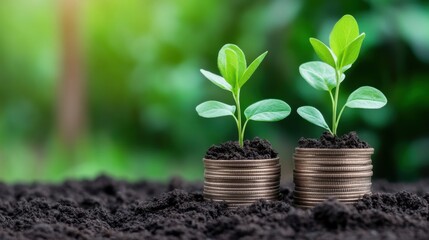 Growth of Investment Concept with Coin and Small Plant Seedlings on Natural Background in Soft Focus