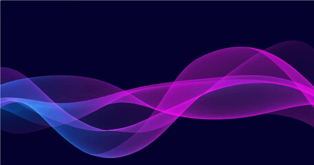 Create a vector illustration of smooth, flowing abstract waves in shades of blue, purple, and pink on a dark background. The waves should have a translucent appearance with a gradient effect, 