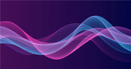 Create a vector illustration of smooth, flowing abstract waves in shades of blue, purple, and pink on a dark background. The waves should have a translucent appearance with a gradient effect, 