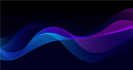 Create a vector illustration of smooth, flowing abstract waves in shades of blue, purple, and pink on a dark background. The waves should have a translucent appearance with a gradient effect, 