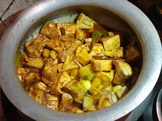 Jackfruit as a vegetable raw food. Jackfruit cooking with spices, and seasoning.  