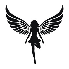 A stylized silhouette of a fairy with large, detailed wings.
