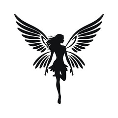 A stylized silhouette of a fairy with large, detailed wings.