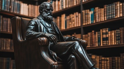 Fototapeta premium Bronze statue of a seated man in a library setting.