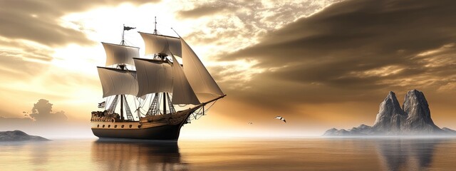 Majestic Sailing Ship at Golden Sunset: A Serene Seascape