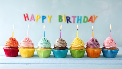 A row of seven colorful cupcakes with candles and happy birthday sign against a light blue background