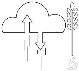Cloud outline with upward and downward arrows illustrating data exchange. Wheat stalk and leaf highlight agricultural themes. Ideal for sustainability, agriculture, data analysis, and modern farming