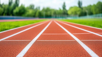 Close-Up View of a Track Field with Clear Lanes and Lush Green Background under Bright Sky