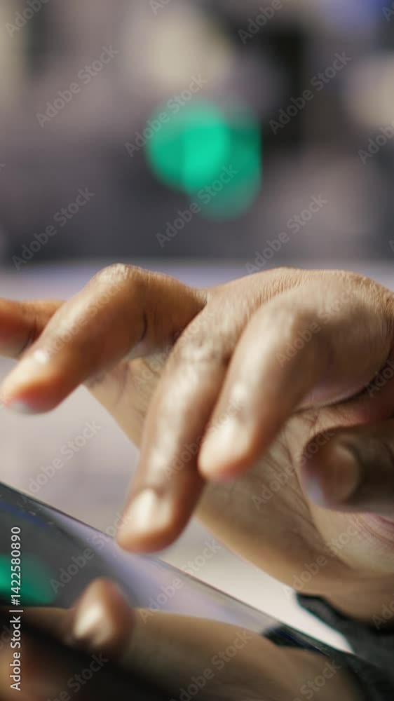 Poster vertical video close up of engineer in industry 4.0 plant designing robotic production lines using c