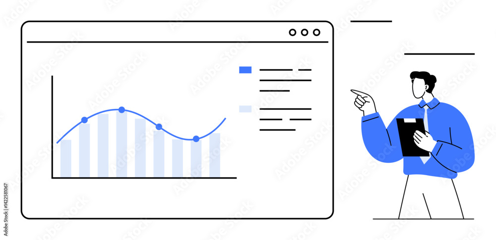Poster man holding clipboard pointing at line graph with data points and bar chart. ideal for analytics, re