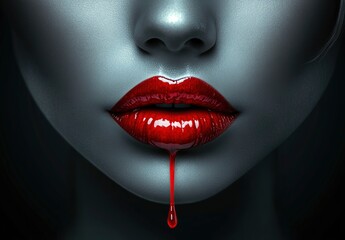 Fototapeta premium Crimson Lips: A Dramatic Close-Up of Glossy Red Lips with Dripping Blood