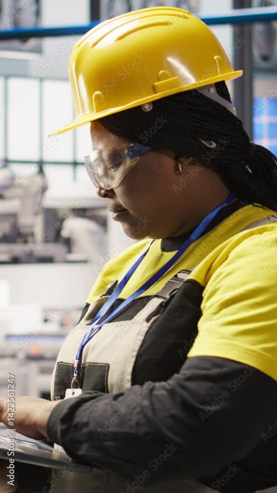 Poster vertical video smart factory specialist typing on laptop keyboard, testing automated systems to ensu