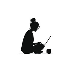 Woman Working on Laptop Silhouette – Sitting Girl with Coffee Cup – Remote Work Vector Illustration