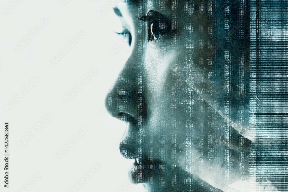 Poster portrait of a young person with digital overlay and tech pattern on face in high-tech style