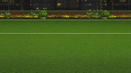 Obraz premium Serene Rooftop Garden: Lush Green Lawn, City Night Lights