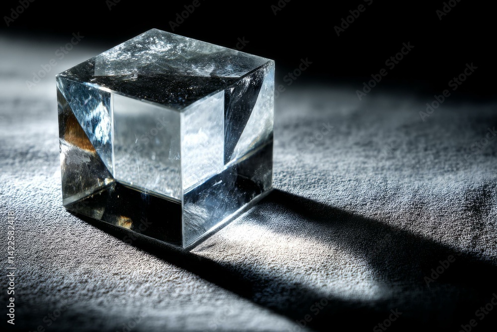 Poster crystal cube casting a shadow on a textured surface, creating dramatic light and dark contrast in a 