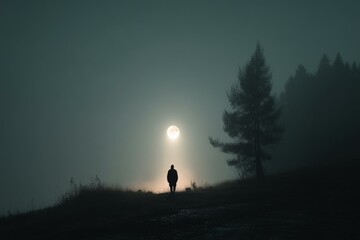 Lone figure under a full moon in a foggy, misty landscape, near forest, casting a silhouette in the night.