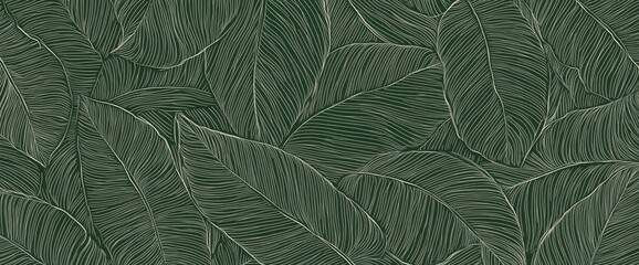 Elegant Line Art Tropical Leaves: Dark Green Botanical Print