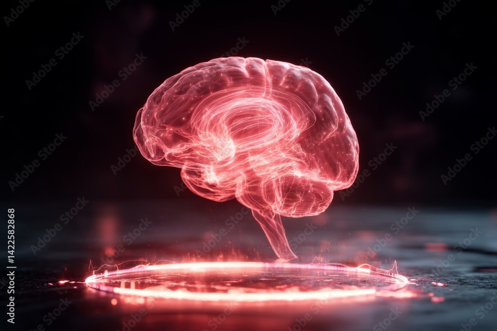 Poster holographic brain with red glowing neurological activity on dark surface. futuristic neural technolo