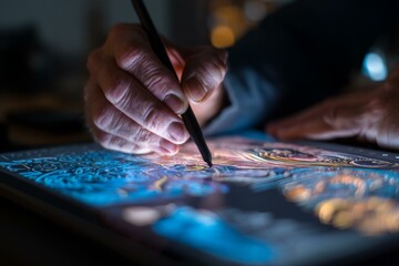 Naklejka premium Hand using stylus on a tablet with a colorful drawing illuminated in a dim ambient light setting for creative work