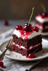 A decadent slice of chocolate cherry layer cake topped with whipped cream and fresh cherries. The moist chocolate sponge is layered with rich cherry compote and cream, served on a ceramic plate 