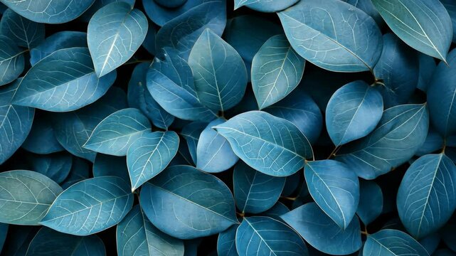 Blue toned leaves clustered together to form a natural flat lay background